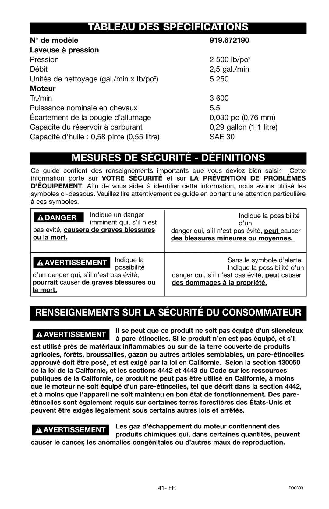 Craftsman Tableau DES Spécifications, Mesures DE Sécurité Définitions, De modèle 919.672190 Laveuse à pression, Moteur 