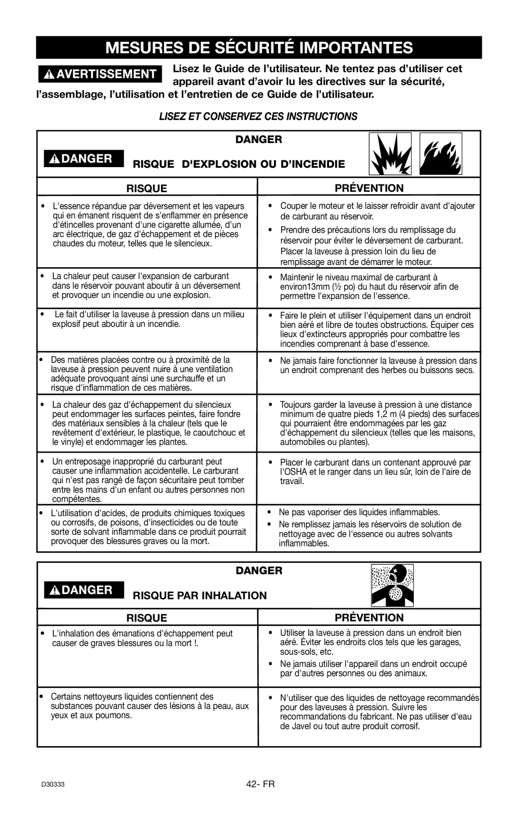 Craftsman D30333, 919.672190 owner manual Mesures DE Sécurité Importantes, Risque Dexplosion OU D’INCENDIE Prévention 