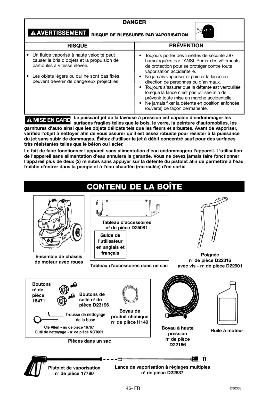 Craftsman 919.672190, D30333 owner manual Contenu DE LA Boîte, No de pièce H140 