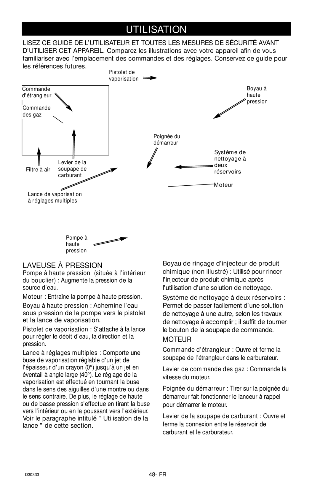 Craftsman D30333, 919.672190 owner manual Utilisation, Laveuse À Pression, Moteur, Système de nettoyage à deux réservoirs 