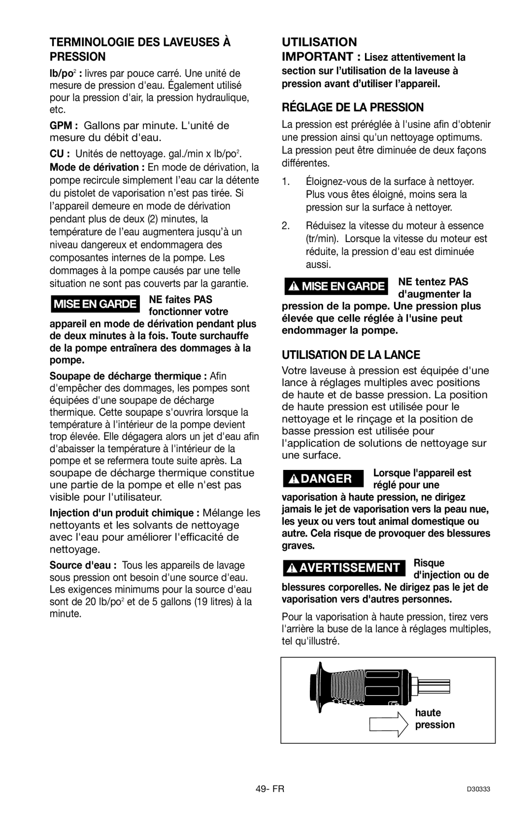 Craftsman 919.672190, D30333 Terminologie DES Laveuses À Pression, Réglage DE LA Pression, Utilisation DE LA Lance 