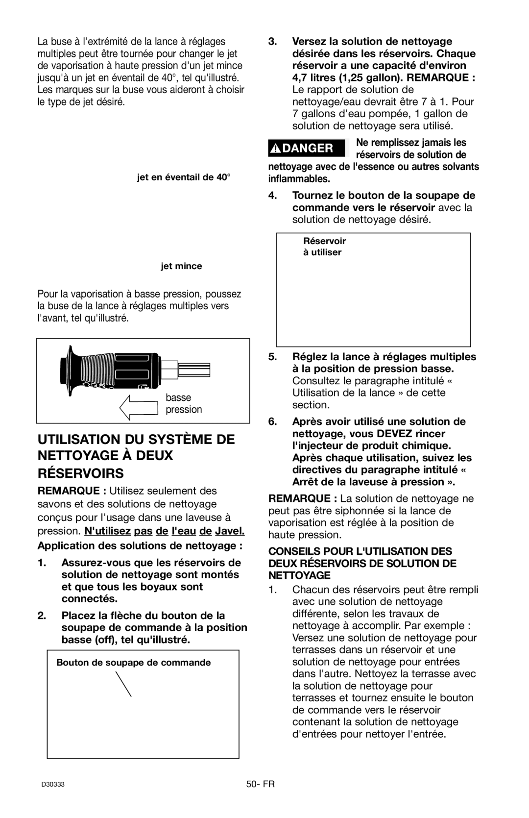 Craftsman D30333, 919.672190 owner manual Utilisation DU Système DE Nettoyage À Deux Réservoirs 