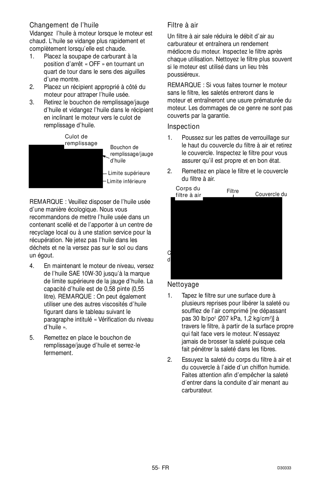 Craftsman 919.672190, D30333 owner manual Changement de l’huile, Filtre à air, Inspection, Nettoyage 