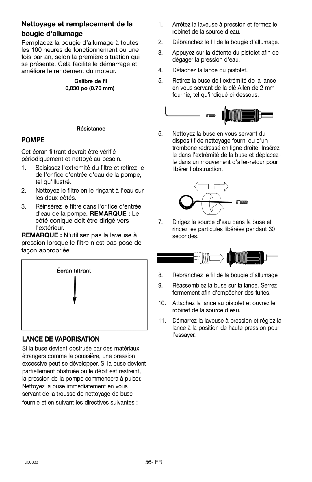 Craftsman D30333, 919.672190 owner manual Nettoyage et remplacement de la bougie d’allumage, Pompe, Lance DE Vaporisation 