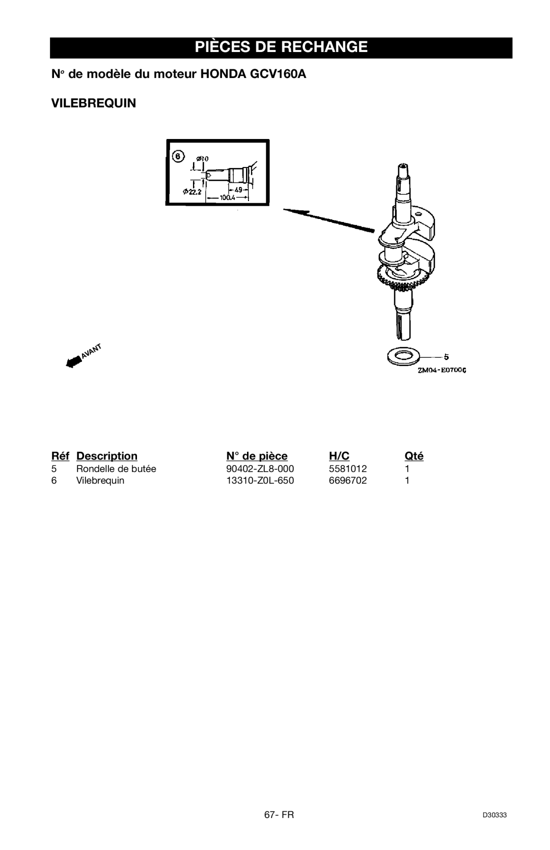 Craftsman 919.672190, D30333 owner manual Vilebrequin 