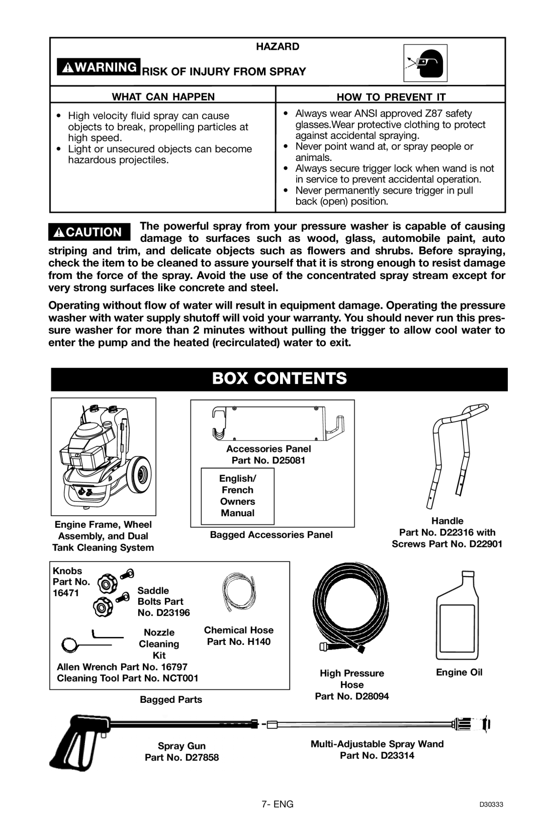 Craftsman 919.672190, D30333 owner manual BOX Contents 