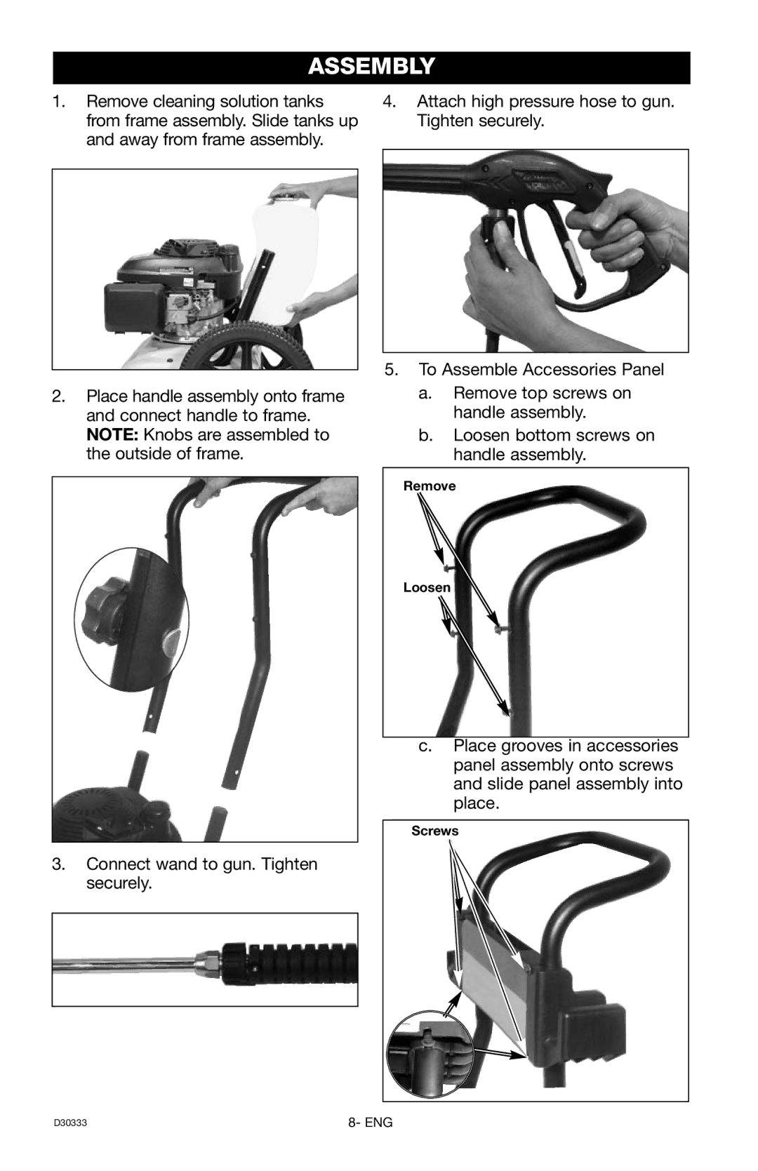 Craftsman D30333, 919.672190 owner manual Assembly, Attach high pressure hose to gun. Tighten securely 