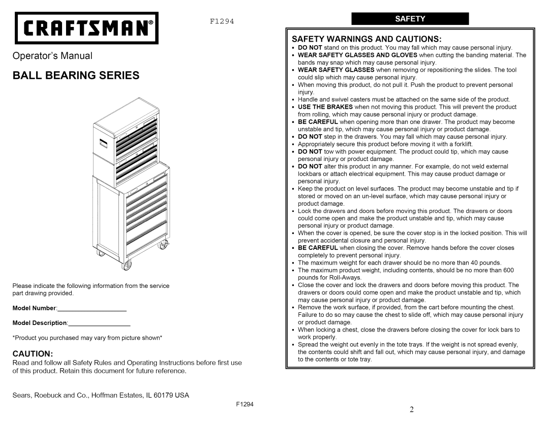 Craftsman F1294 operating instructions Ball Bearing Series, Safety Warnings and Cautions 