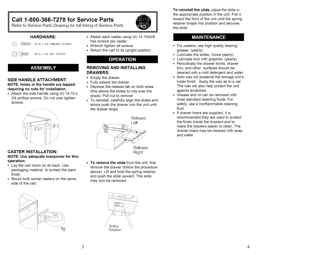 Craftsman F1294 Release Left Right, Hardware, Side Handle Attachment, Caster Installation, Removing and Installing Drawers 