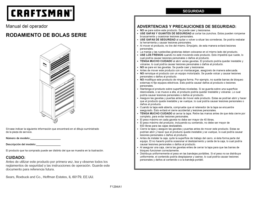 Craftsman F1294 operating instructions Rodamiento DE Bolas Serie, Advertencias Y Precauciones DE Seguridad 