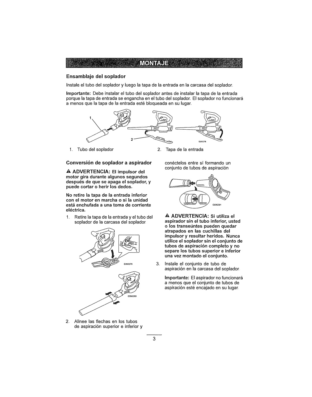 Craftsman 280030785, G006299, 136.748270 manual Conversi6n de soplador a aspirador 