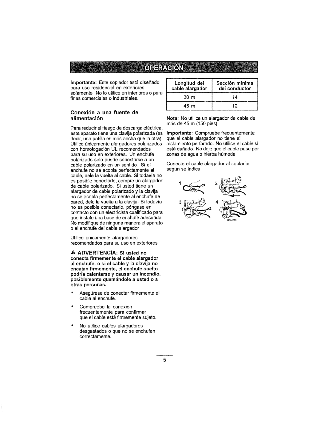 Craftsman G006299, 280030785, 136.748270 manual Conexi6n a una fuente de, Alimentacibn, Longitud del 