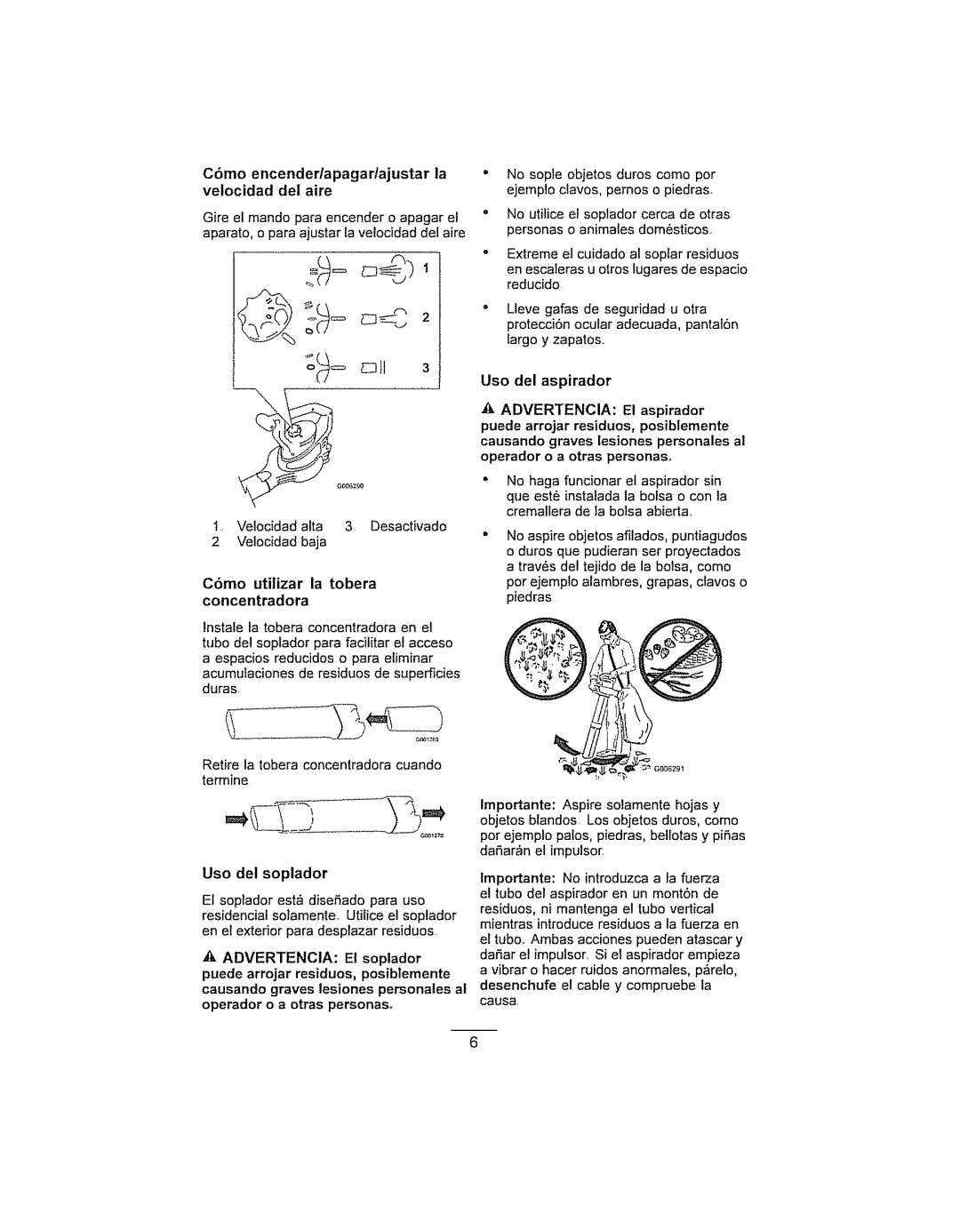 Craftsman 280030785 manual C31, C6mo encender/apagar/ajustar la velocidad dei aire, C6mo utilizar la tobera concentradora 