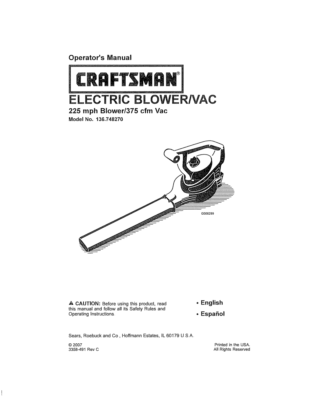 Craftsman 280030785 manual mph Blower/375 cfm Vac, English, EspaSol, Crrftsmrn, Electric Lower/Vac, Operators Manual, 2007 