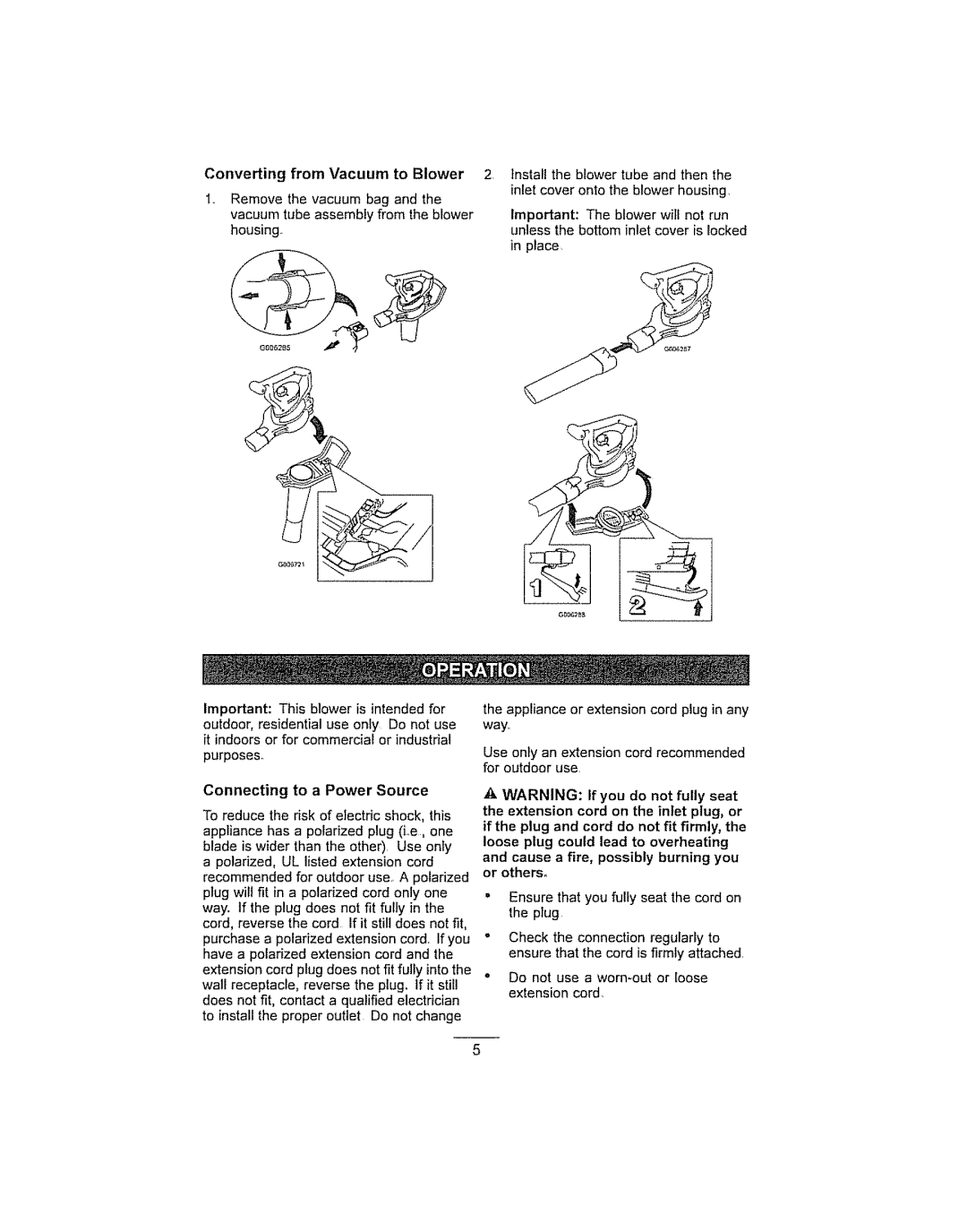 Craftsman 136.748270, G006299, 280030785 manual Converting from Vacuum to Blower, Connecting to a Power Source 