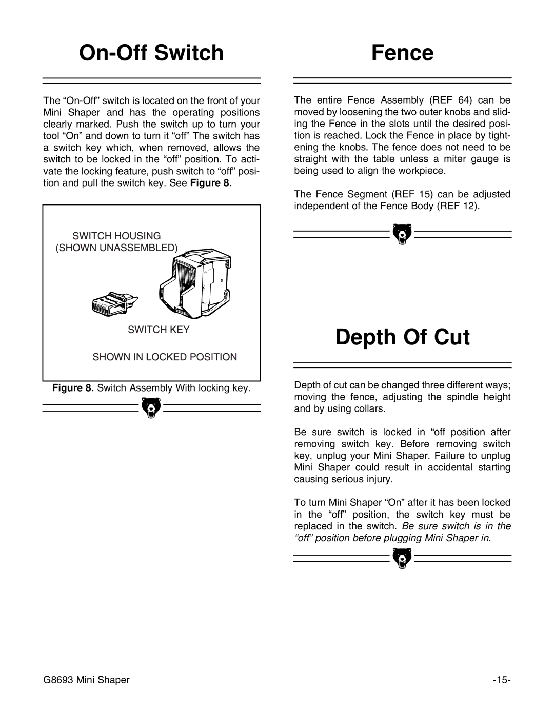 Craftsman G8693 instruction manual On-Off Switch Fence, Depth Of Cut 