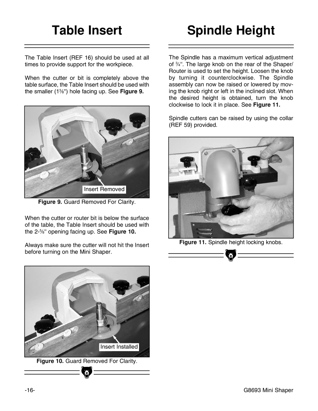 Craftsman instruction manual Table Insert Spindle Height, Spindle height locking knobs G8693 Mini Shaper 