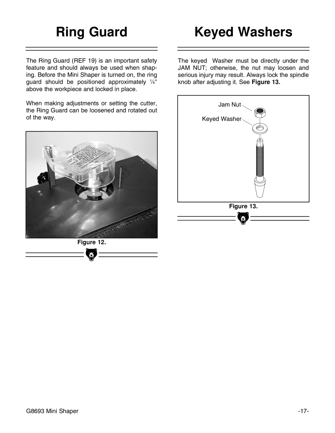 Craftsman G8693 instruction manual Ring Guard Keyed Washers 