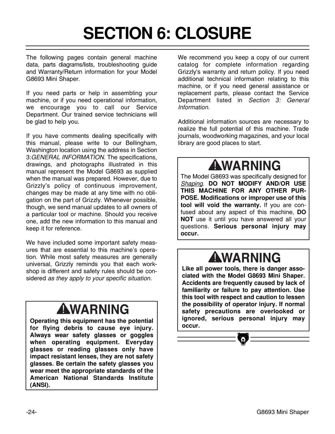 Craftsman G8693 instruction manual Closure 