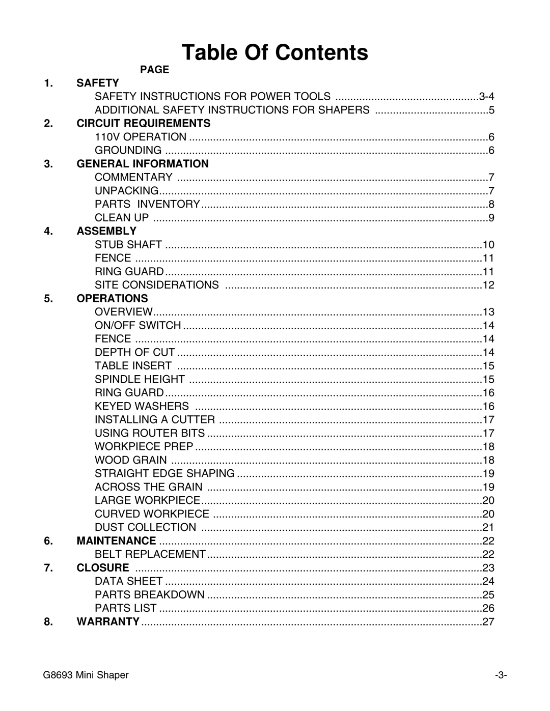 Craftsman G8693 instruction manual Table Of Contents 