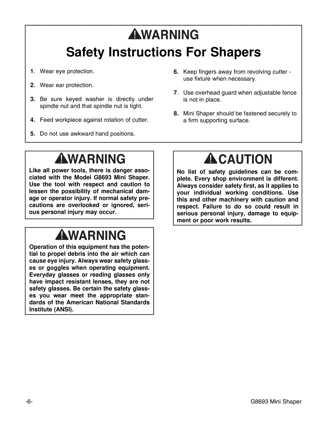 Craftsman G8693 instruction manual Safety Instructions For Shapers 