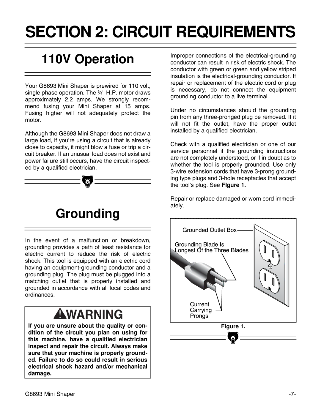 Craftsman G8693 instruction manual Circuit Requirements, 110V Operation, Grounding 