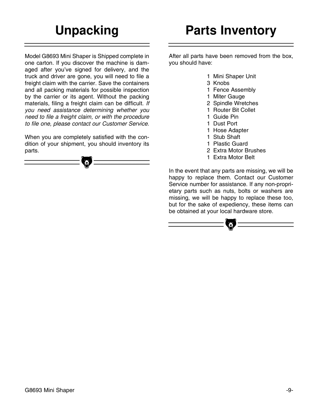 Craftsman G8693 instruction manual Unpacking, Parts Inventory 