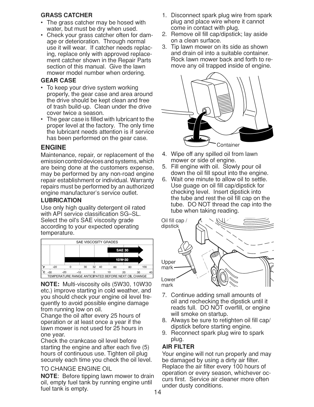 Craftsman Gcv160 manual Grass Catcher, Gear Case, Lubrication, To Change Engine OIL, AIR Filter 