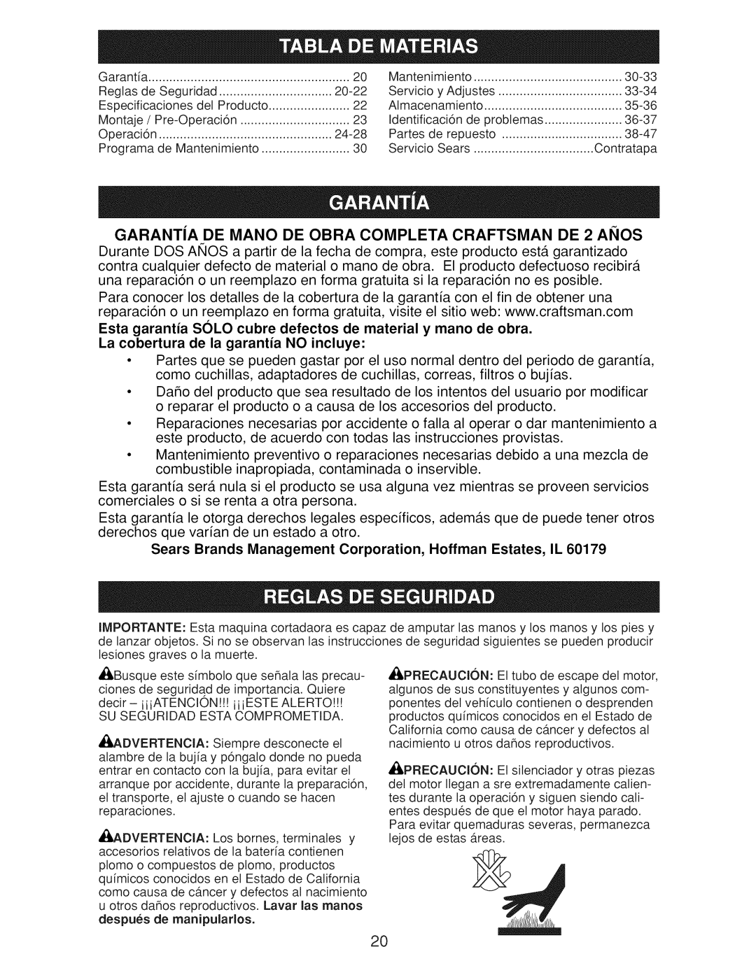 Craftsman Gcv160 manual GARANTiA DE Mano DE Obra Completa Craftsman DE 2 Anos, SU Seguridad Esta Comprometida 