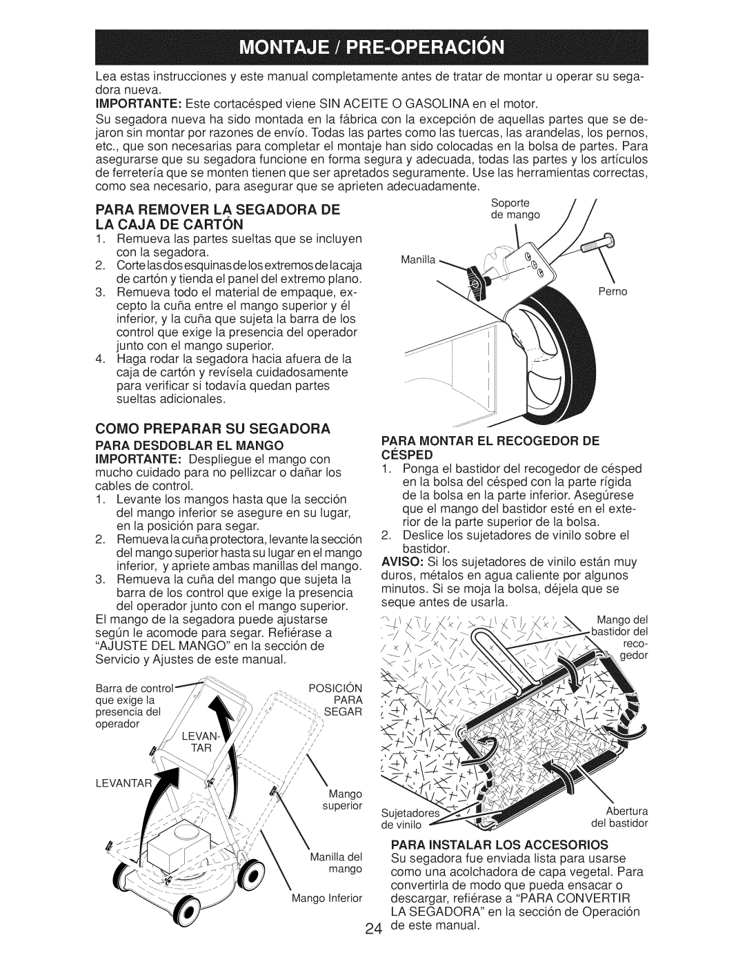 Craftsman Gcv160 manual Como Preparar SU Segadora 