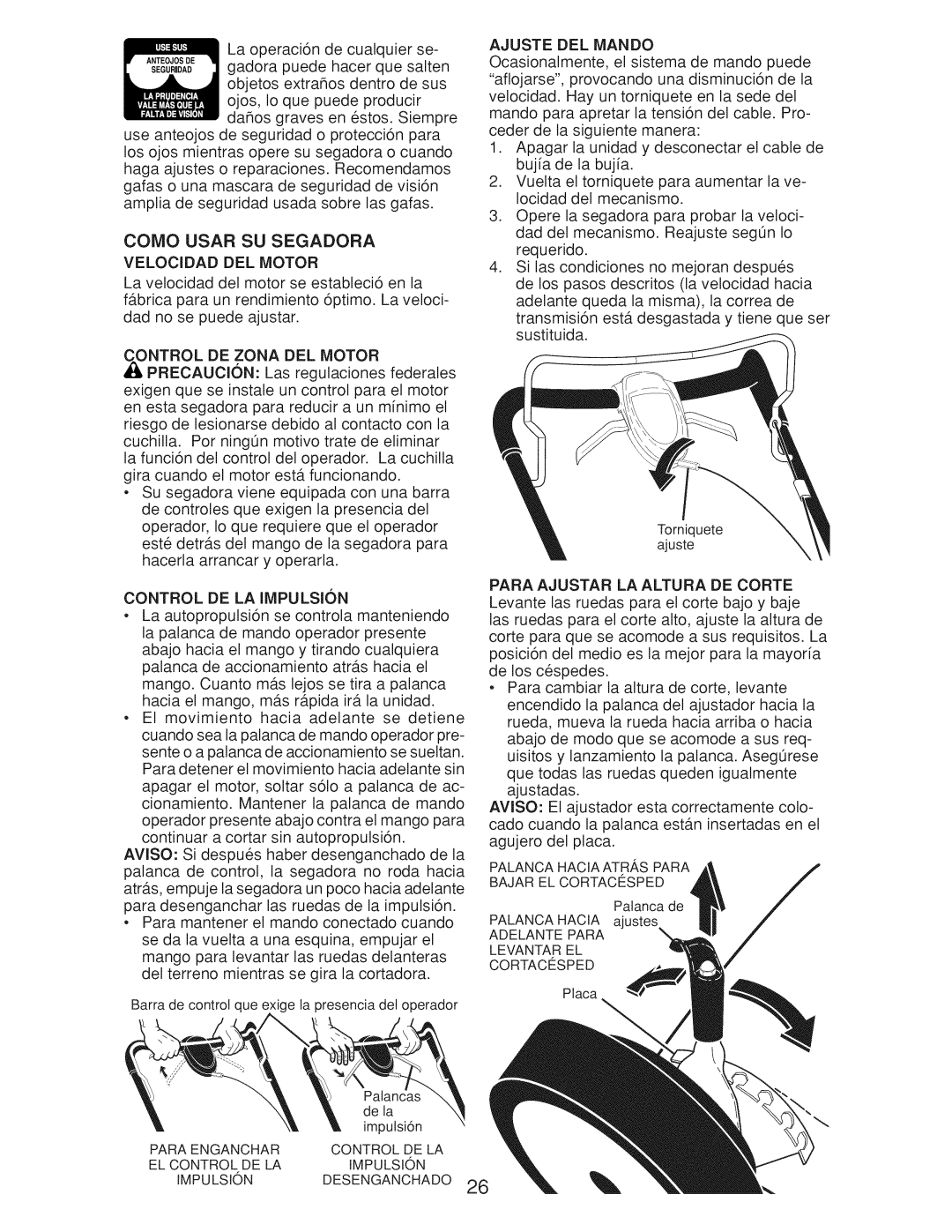 Craftsman Gcv160 manual Velocidad DEL Motor, Control DE LA Impulsion, Ajuste DEL Mando 