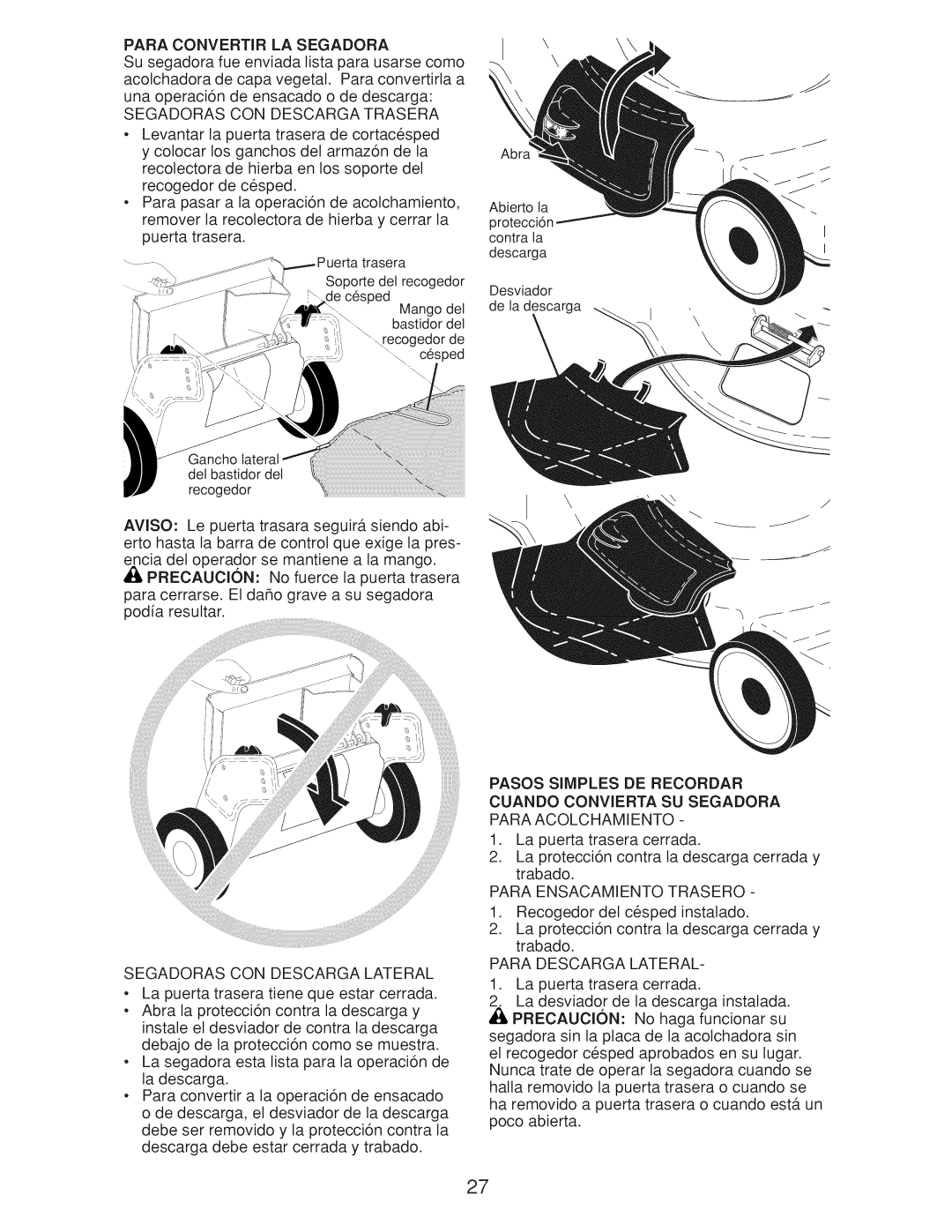 Craftsman Gcv160 manual Para Convertir LA Segadora, Segadoras CON Descarga Trasera, Segadoras CON Descarga Lateral 