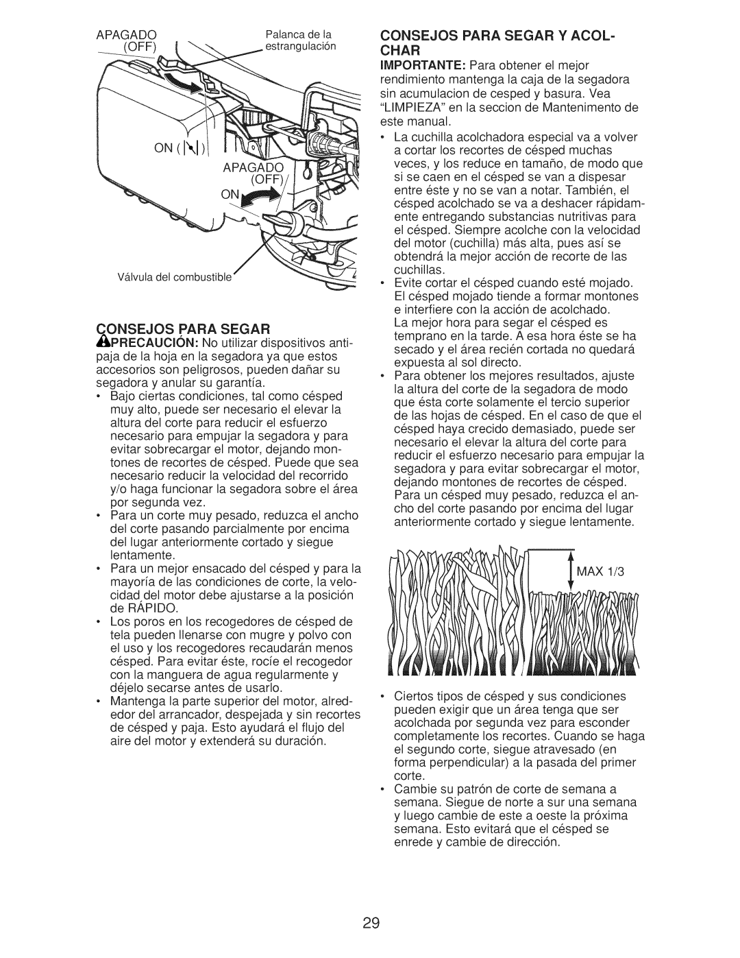 Craftsman Gcv160 manual Apagado, Consejos Para Segar Y ACOL- Char 