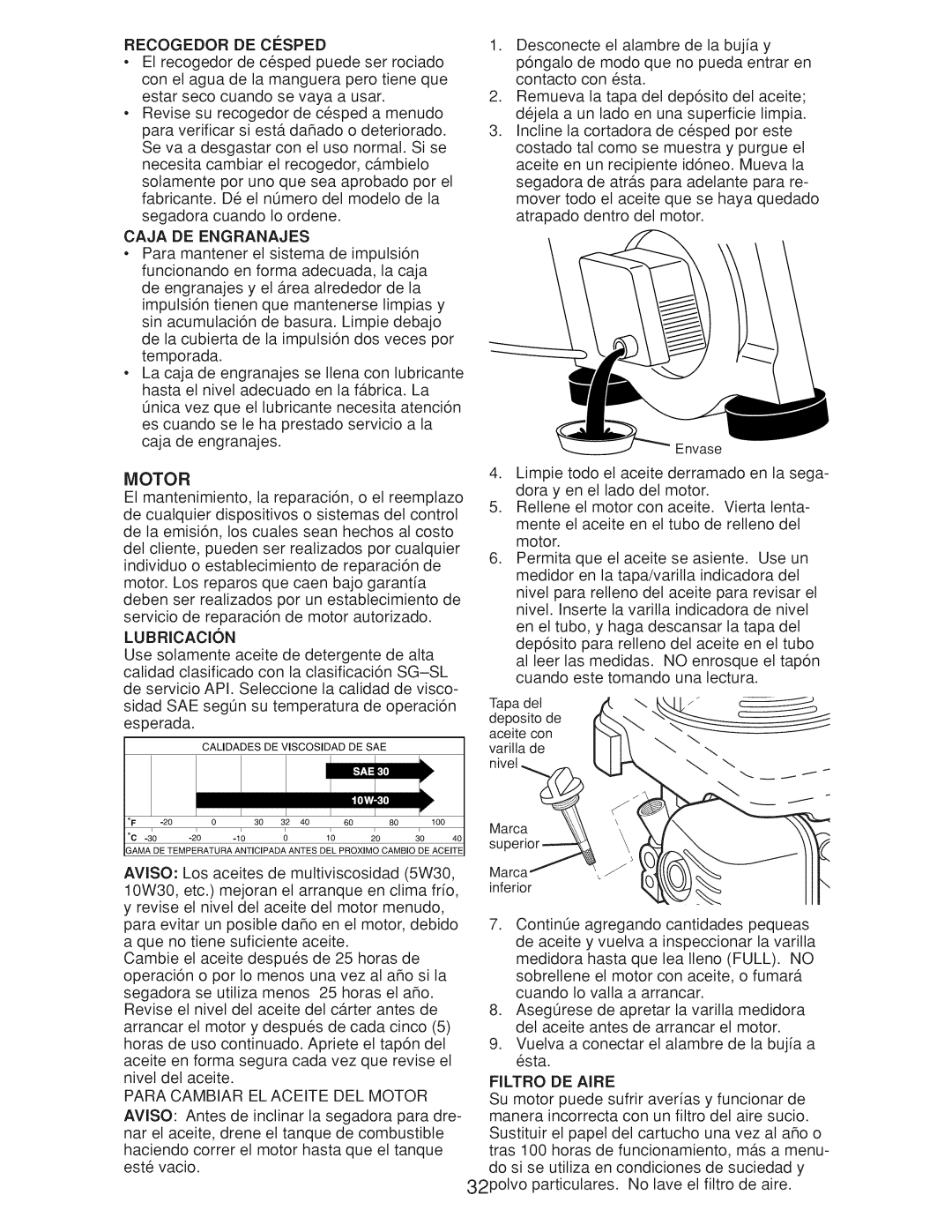 Craftsman Gcv160 manual Caja DE Engranajes, Lubricacion, Para Cambiar EL Aceite DEL Motor, Filtro DE Aire 