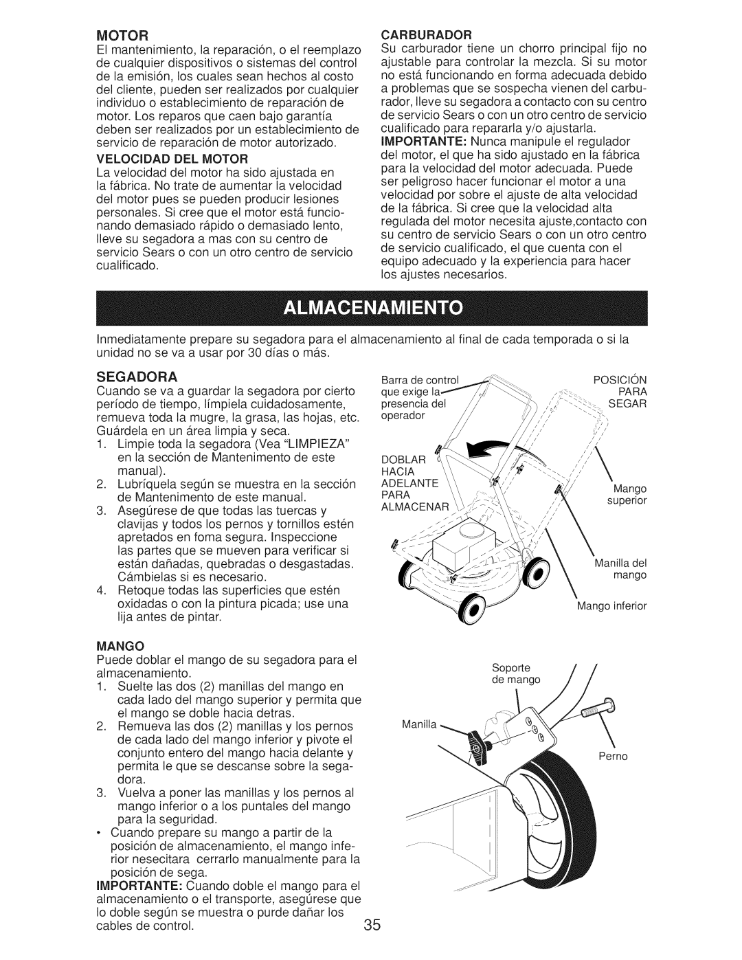 Craftsman Gcv160 manual Velocidad DEL Motor, Carburador, Mango 