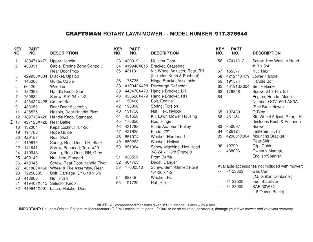 Craftsman Gcv160 manual Key, Part, GCV160-LAS3A, SAE 30W 