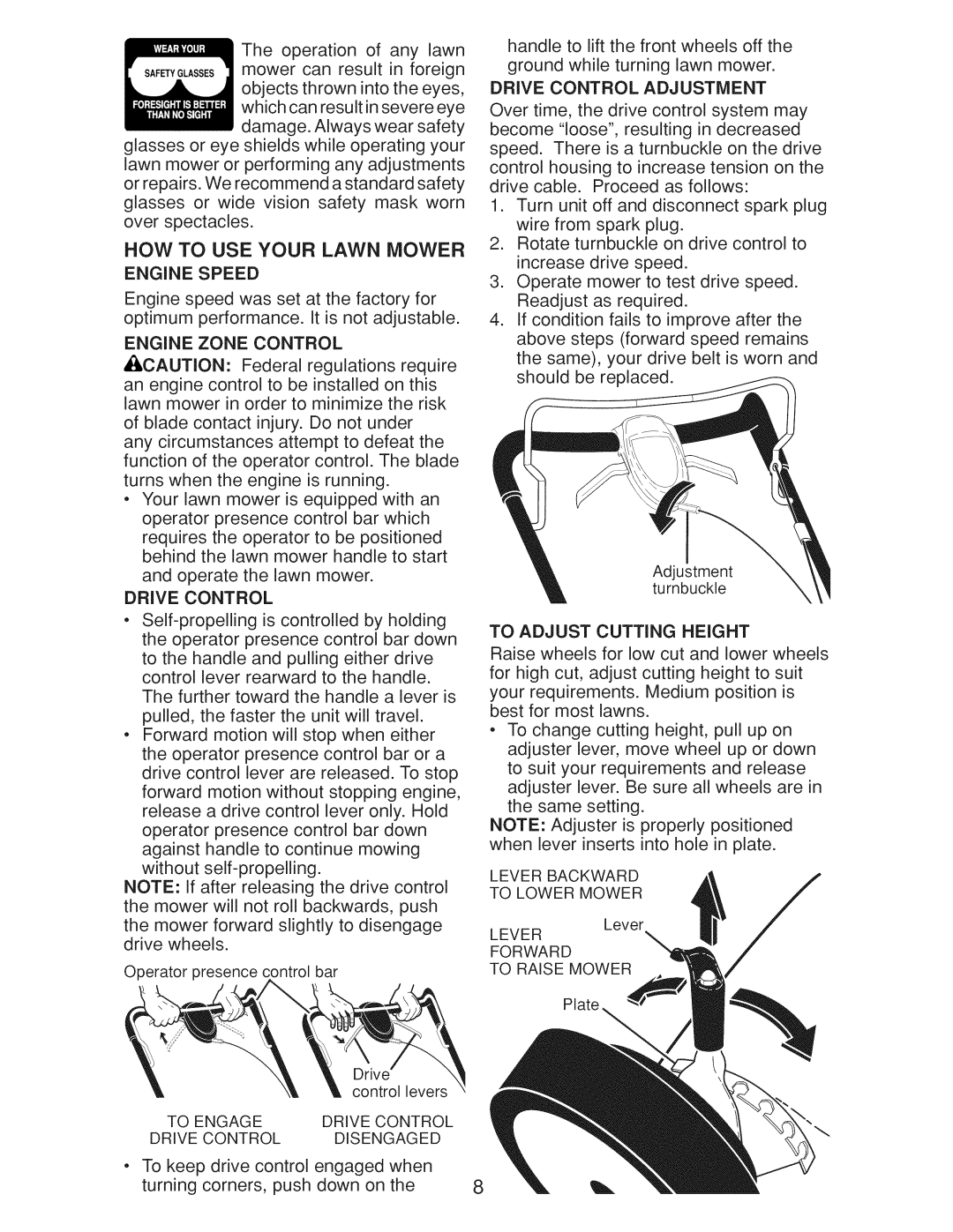 Craftsman Gcv160 manual Engine Speed, Engine Zone Control, Drive Control Adjustment, To Adjust Cutting Height 