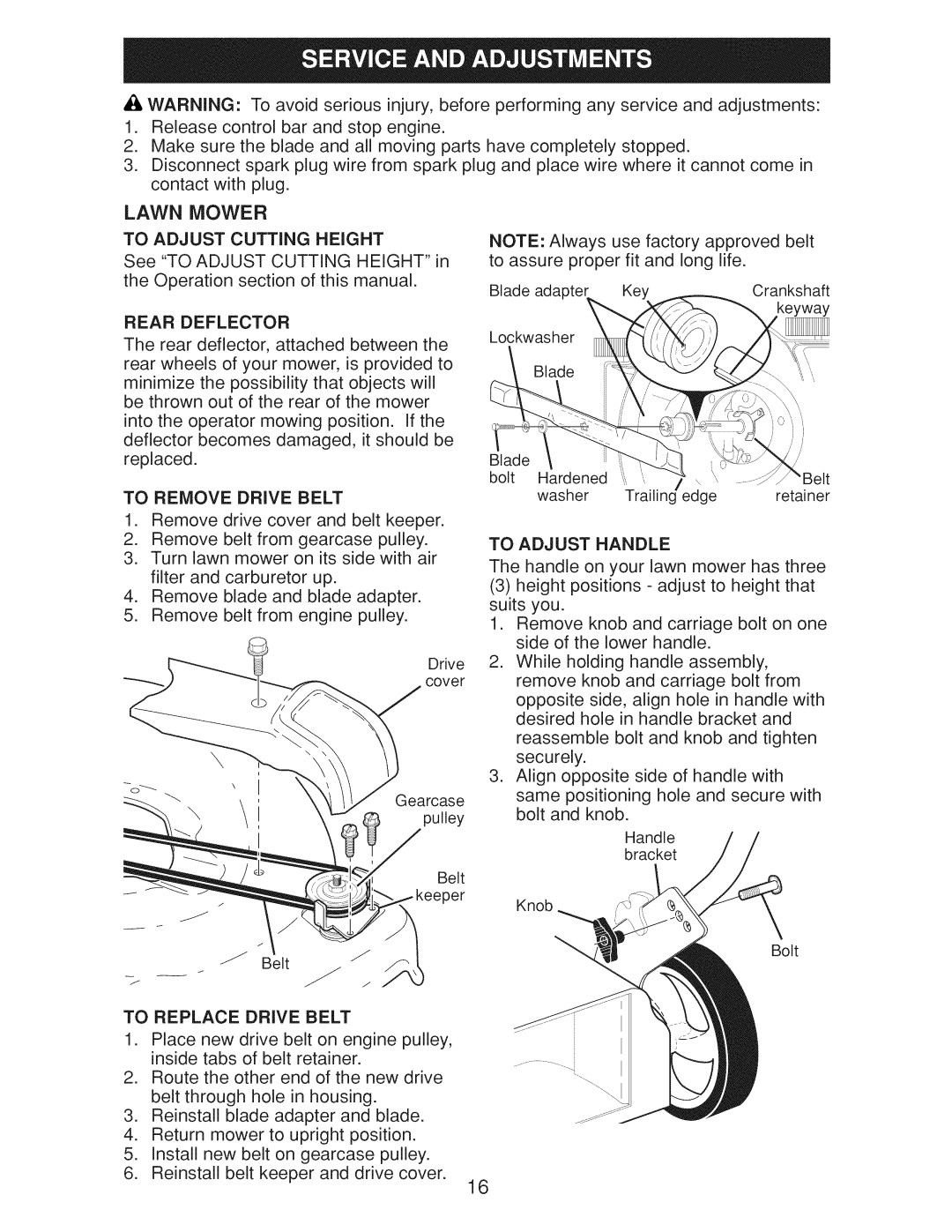 Craftsman Gcv160 manual Lawn Mower, Rear Deflector, To Adjust Handle 