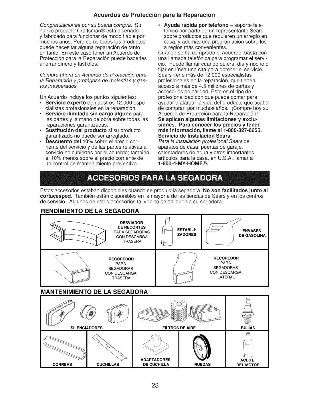 Craftsman Gcv160 manual Acuerdos de Proteccion para ia Reparacion, Rendimiento, De La Segadora, Mantenimiento 