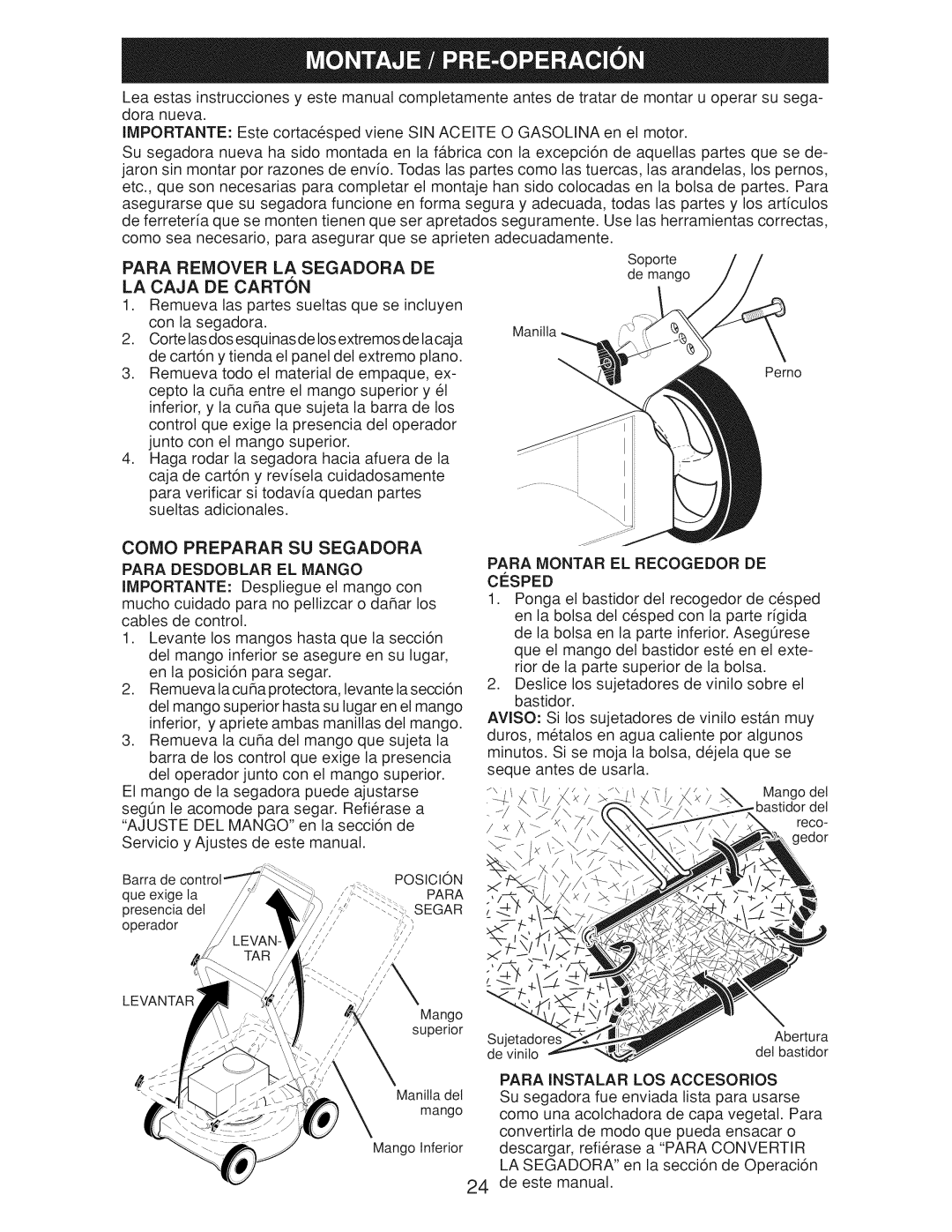 Craftsman Gcv160 manual Como Preparar Su Segadora 