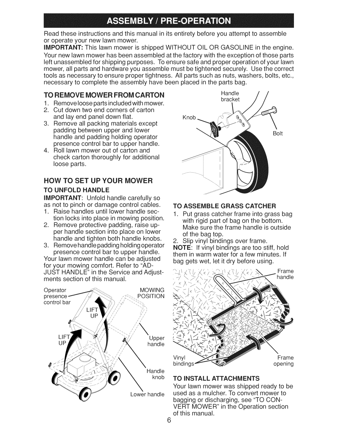 Craftsman Gcv160 manual To Remove Mower From Carton, How To Set Up Your Mower, To Install Attachments 