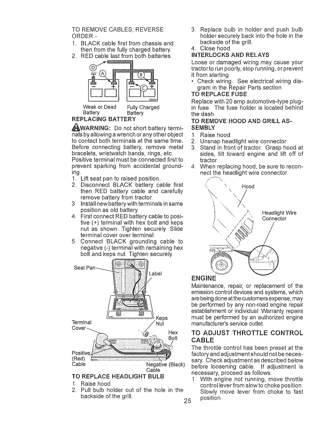 Craftsman LTS 1500 manual To Remove CABLES, Reverse Order, Replacing Battery, Interlocks and Relays, To Replace Fuse 