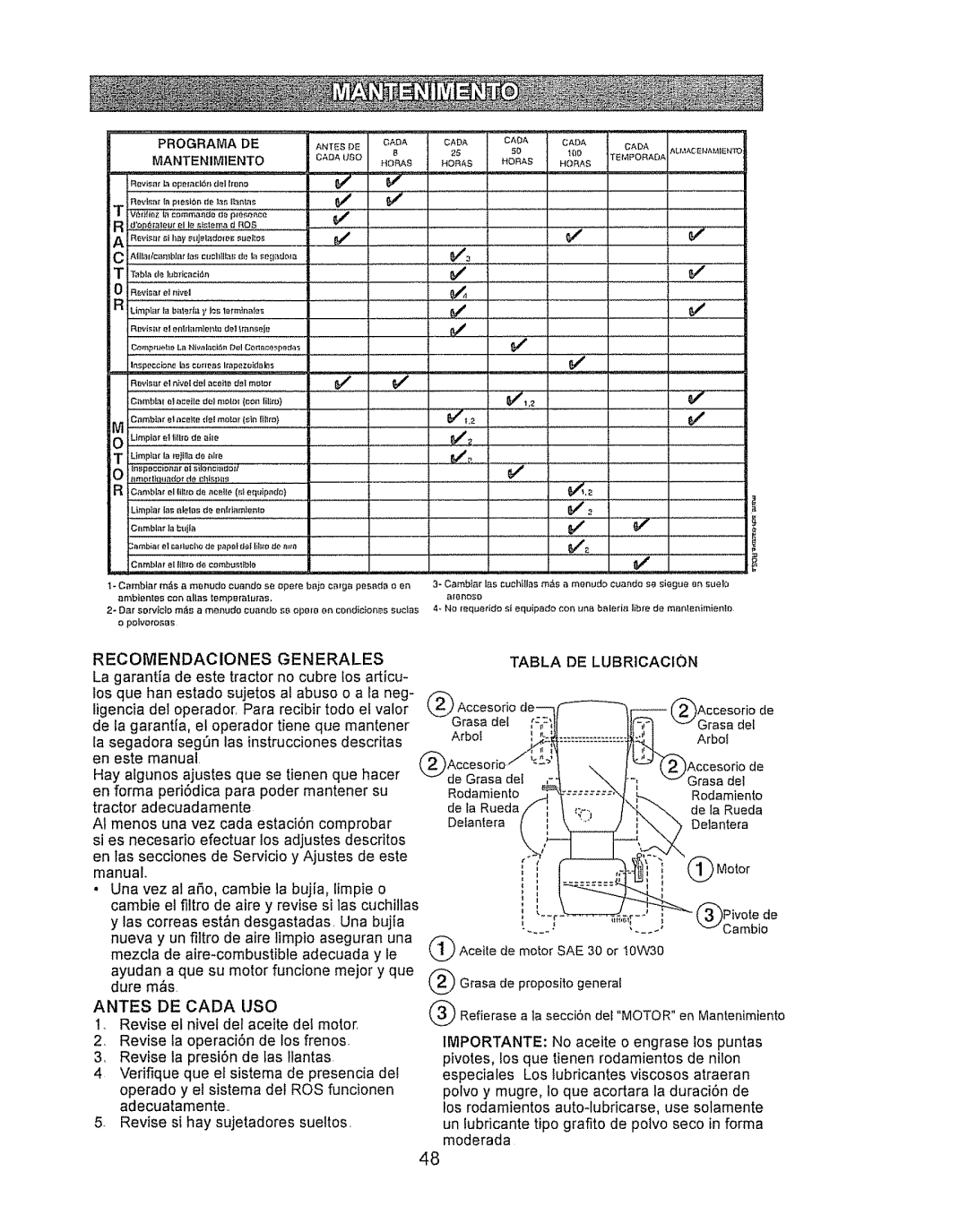 Craftsman LTS 1500 manual Generales Tabla, Mantenimiento 