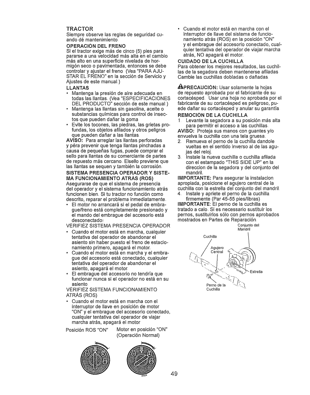 Craftsman LTS 1500 manual Llantas, Sistema Presencia Operador Y Siste, MA FUNCIONArIENTO Atras ROS 