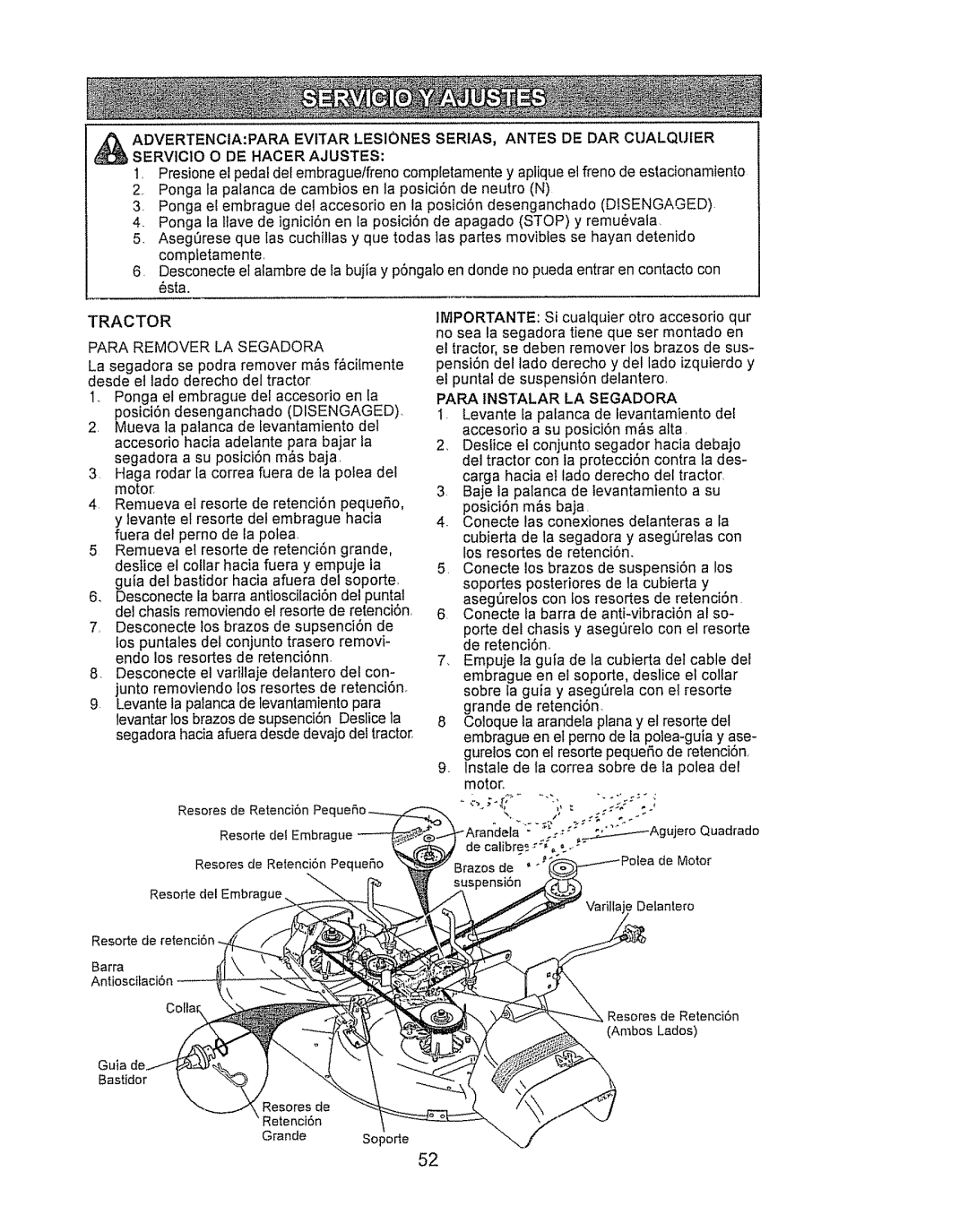 Craftsman LTS 1500 manual SERVIClO O DE Hacer Ajustes, Tractor Para Remover LA Segadora, Para Instalar LA Segadora 