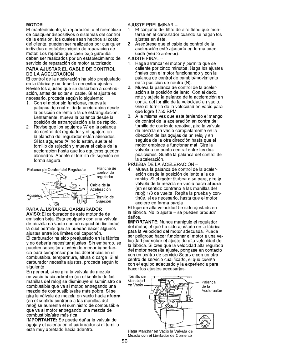 Craftsman LTS 1500 manual Ajuste Final, Prueba DE LA Aceleraciqn 