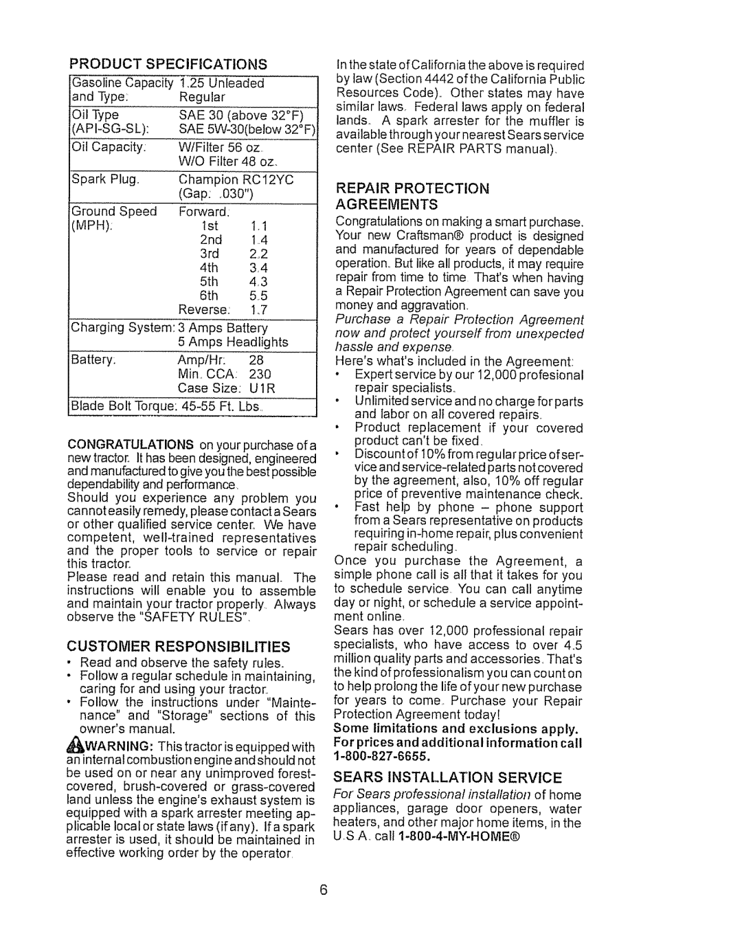 Craftsman LTS 1500 manual Product, Api-Sg-Sl Sae, RC12YC, Customer Responsibilities, Repair Protection Agreements 