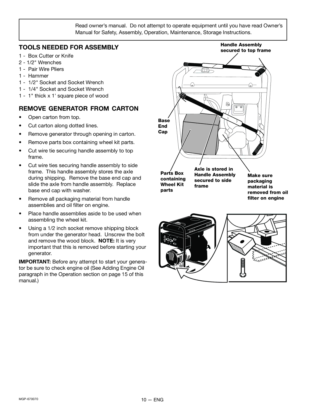 Craftsman MGP-670070, 919.670070 owner manual Tools Needed for Assembly, Remove Generator from Carton 