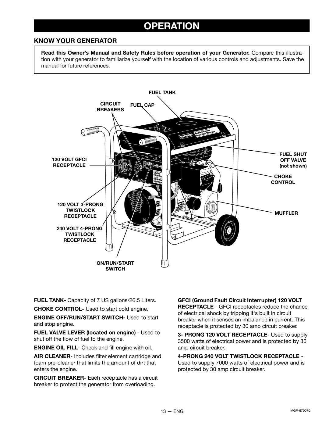 Craftsman 919.670070, MGP-670070 owner manual Operation, Know Your Generator, Not shown 