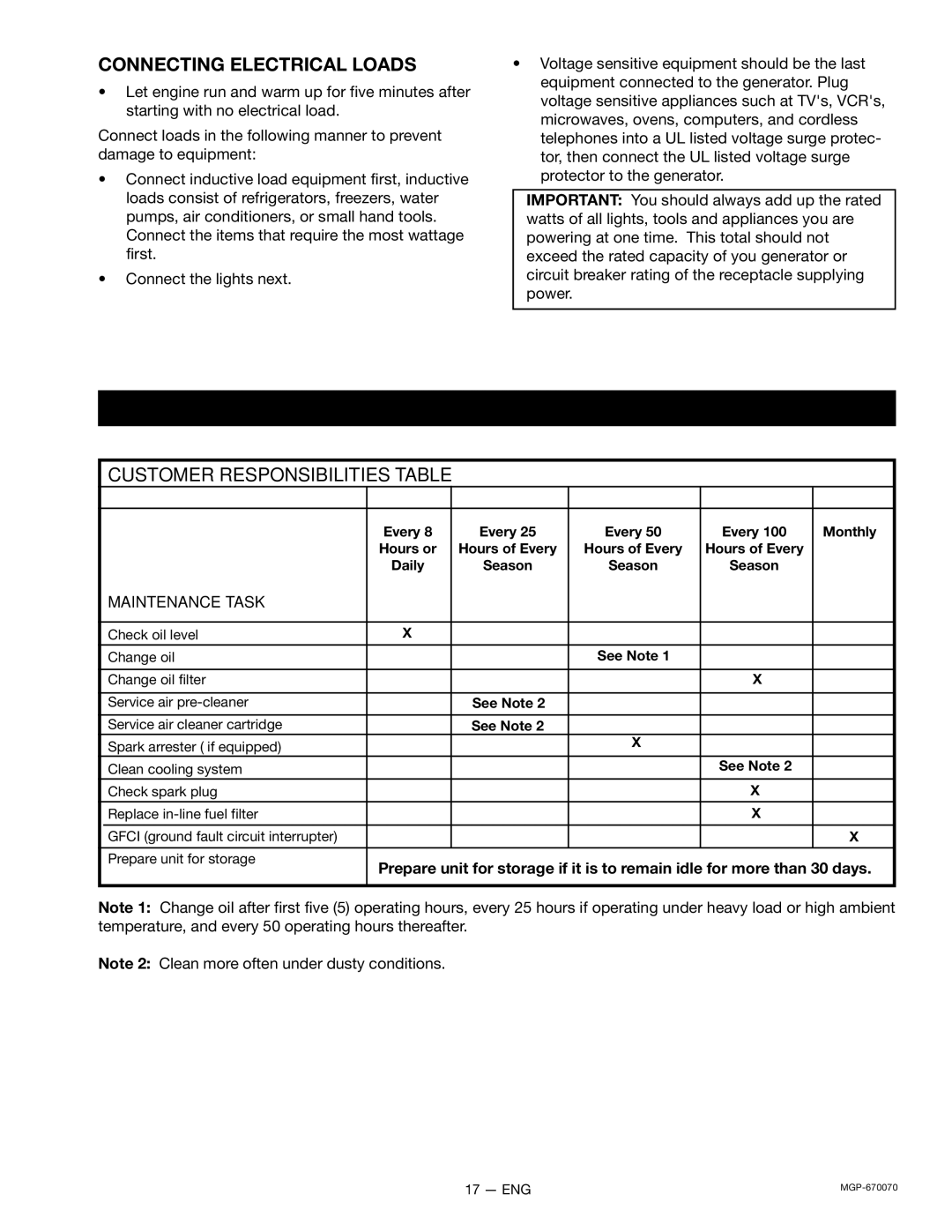 Craftsman 919.670070, MGP-670070 Connecting Electrical Loads, Customer Responsibilities Table, Maintenance Task 